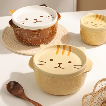 קריקטורה יפנית קרמיקה חתול כלב אטריות קערות עם מכסים בעלי חיים חמודים מרק סלט פירות קערה תיבת דקורטיביים שולחן עיצוב מטבח
