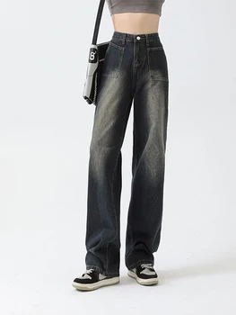 באגי נשים עם קו מותן גבוה בציר קרן מכנסי ג 'ינס רופף ישר אופנת רחוב Y2k המכנסיים כיסים טלאים רחב ג' ינס רגל