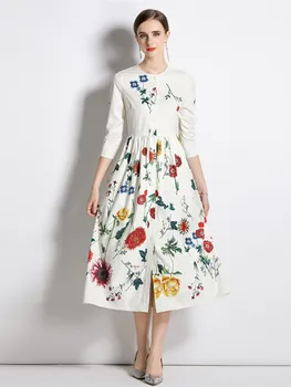 חדש בסתיו אלגנטית פרח שמלת נשים או הצוואר שלוש רבע שרוול יחיד עם חזה פרחוני הדפסה ערב מסיבת זמן Vestidos
