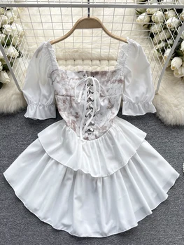 YuooMuoo שמלת הקיץ 2023 בציר גותי נשים לבן שחור תחבושת שמלת מיני אלגנטית פאף שרוול קוריאה Vestidos