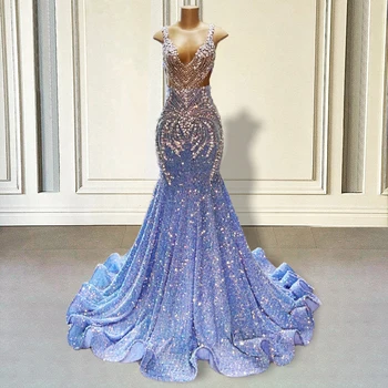 חרוזים יהלום כחול ים ארוך שמלות לנשף 2023 בחורות סקסיות נשים המותאם אישית לאירוע רשמי שמלות ערב לטקס סיום המסיבה.