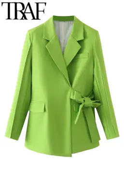 TRAF מזדמן 2022 אביב נשים מעיל OL סגנון הפפיון צד שרוול ארוך נקבה ירוק בלייזרס כיסי מעילי נשות