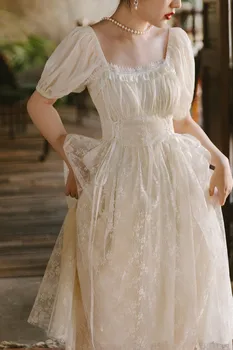 הקיץ תחרה פיות להתלבש אישה וינטג ' שיק פאף שרוול התחבושת רומנטי נסיכה שמלות ערב מסיבה מדהימה Vestido לפסטה