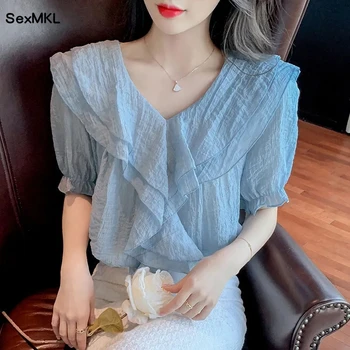 בציר קיץ חולצות שיפון נשים 2023 אלגנטי אופנה קוריאנית-לבן קפלים Blusas Mujer סיבתי רופף בנות פאף שרוול מקסימום