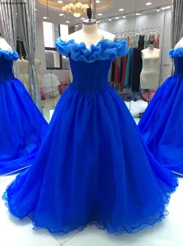 תמונות אמיתיות כחולה כדור שמלת קינסאנךרה השמלה כתף תחרה עד בחזרה לפרוע טול מסיבת התחרות שמלה בתוספת גודל בהזמנה אישית